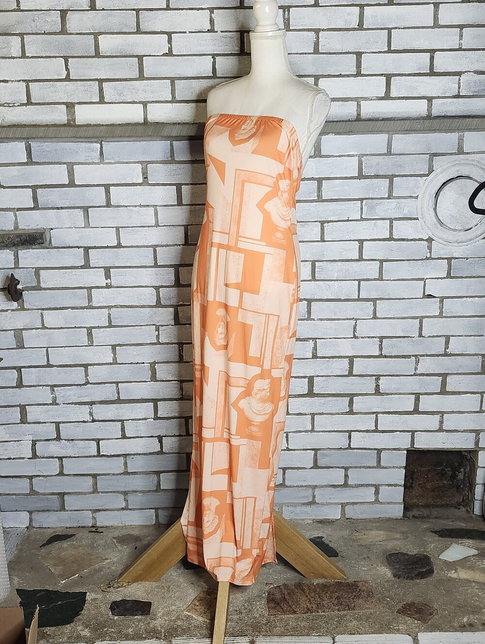 NWT Fashion Nova Orange Roman Greek Statue Print Tube Maxi Dress XL Strapless